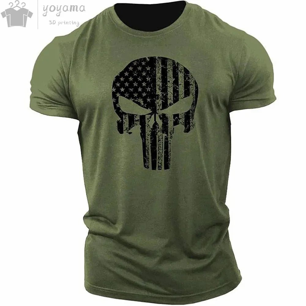 Patriotic Skull 3D Print Military Tee for Men - Short-Sleeve O-Neck Top - Kaiju Mafia