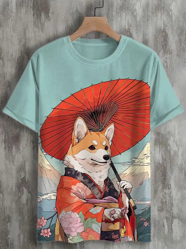 3D graphic tee featuring a Shiba Inu in traditional Japanese attire with red parasol, vibrant colors on casual t-shirt.