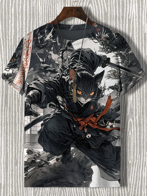 Japanese Samurai Cat 3D graphic tee featuring a black cat in ninja attire, vibrant print on men&