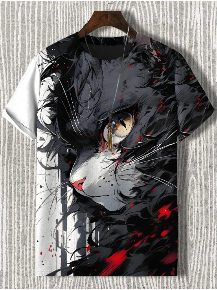 Japanese Samurai Cat 3D graphic tee featuring a detailed black cat design with splashes of red.