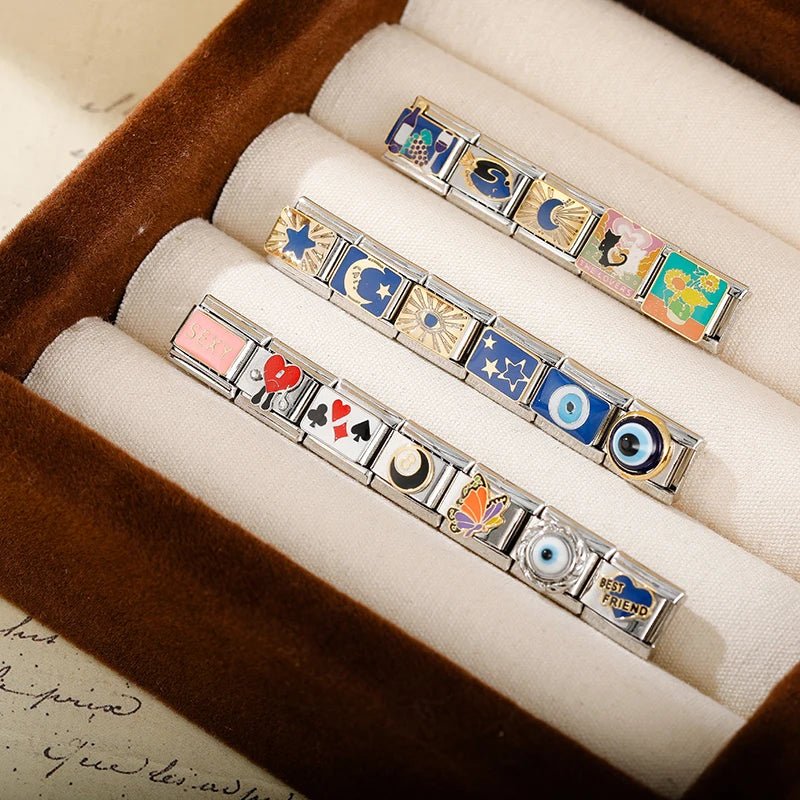 Hapiship 2024 Top Fashion Eye Moon Star Fish Spider Poker Queen Charm Italian Links Fit 9mm Bracelet Making DIY Jewelry DJ854 - Kaiju Mafia