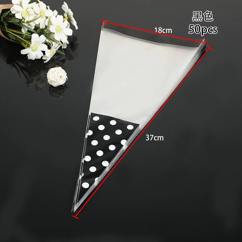 50pcs/Lot DIY Candy Bag Wedding Favors Halloween Christmas Party Decor Sweet Cellophane Print Cone Storage with Organza Pouches - Kaiju Mafia