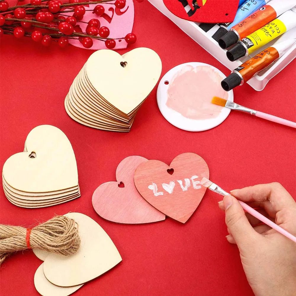 10/20PC Natural Wood Heart Slices Unfinished Predrilled Wooden Blank Heart Slices with Natural Twine for Christmas Wedding Decor - Kaiju Mafia