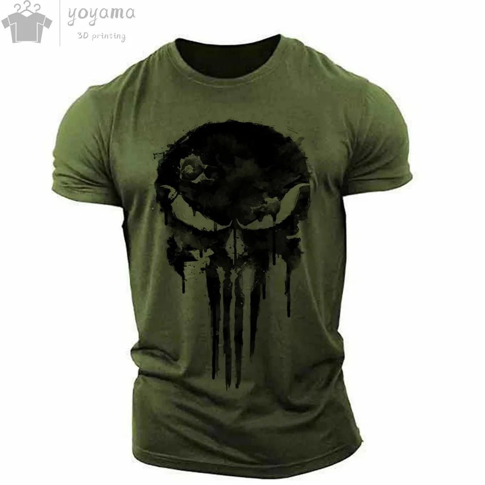 Patriotic Skull 3D Print Military Tee for Men - Short-Sleeve O-Neck Top - Kaiju Mafia