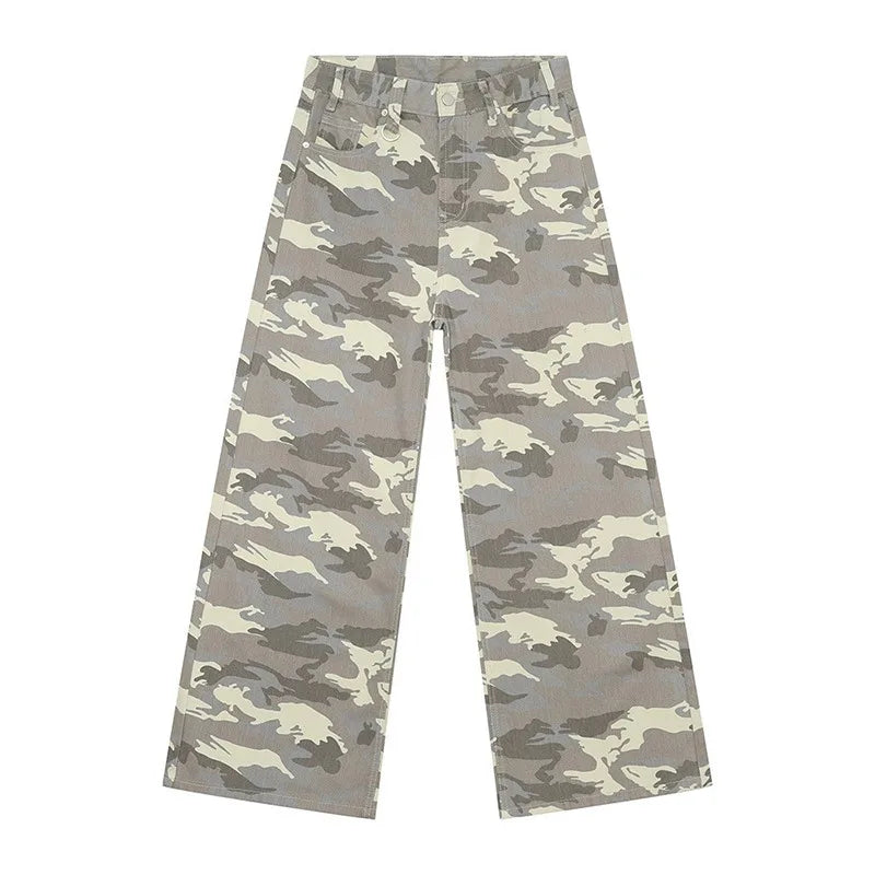 old blue washed denim pants in a camouflage pattern, featuring wide-leg design and casual style.