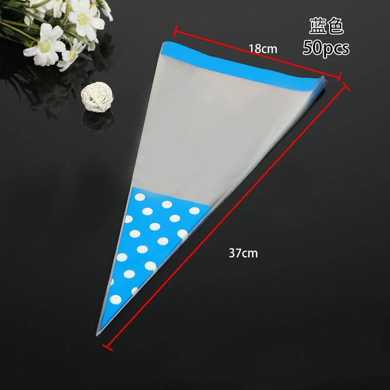 50pcs/Lot DIY Candy Bag Wedding Favors Halloween Christmas Party Decor Sweet Cellophane Print Cone Storage with Organza Pouches - Kaiju Mafia