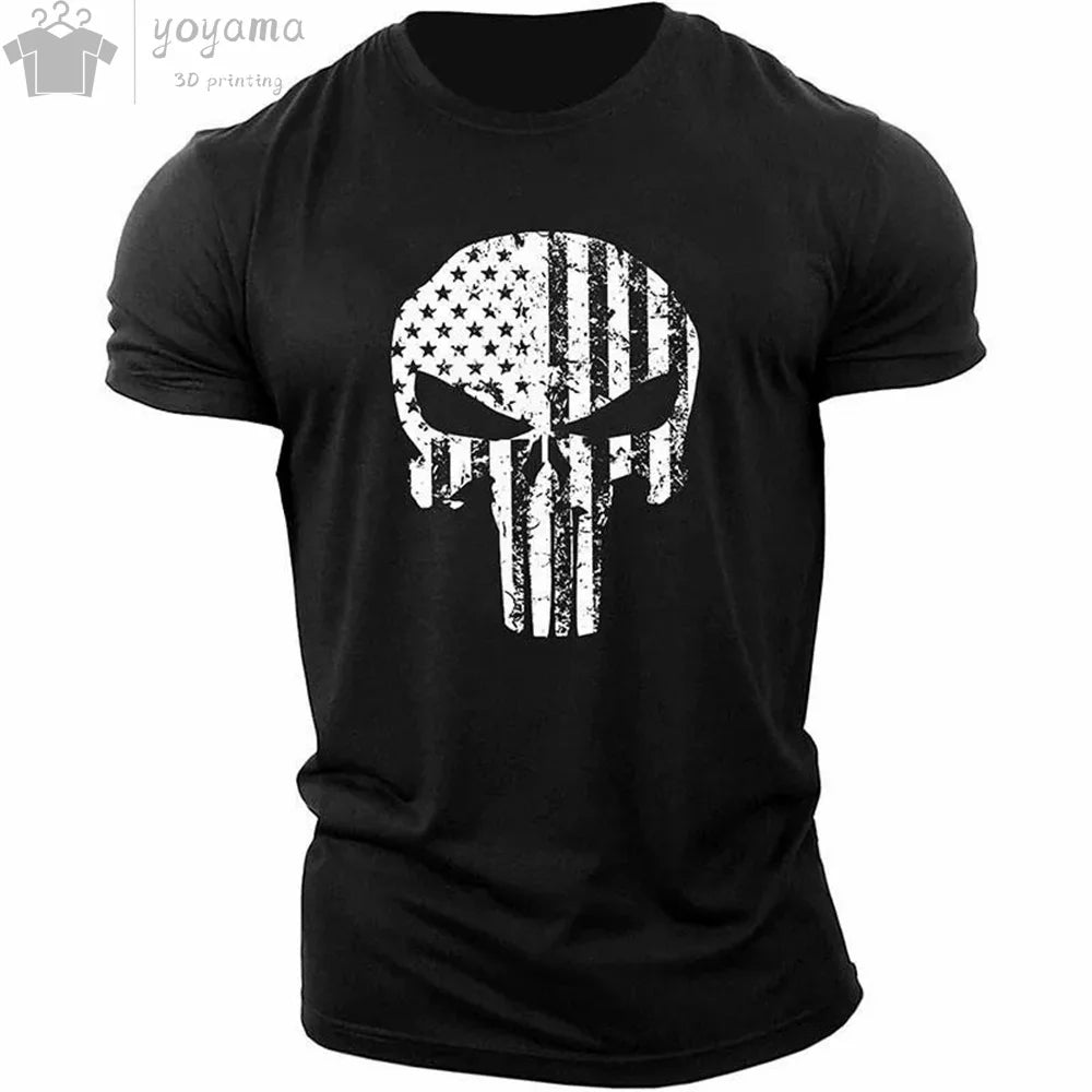 Patriotic Skull 3D Print Military Tee for Men - Short-Sleeve O-Neck Top - Kaiju Mafia