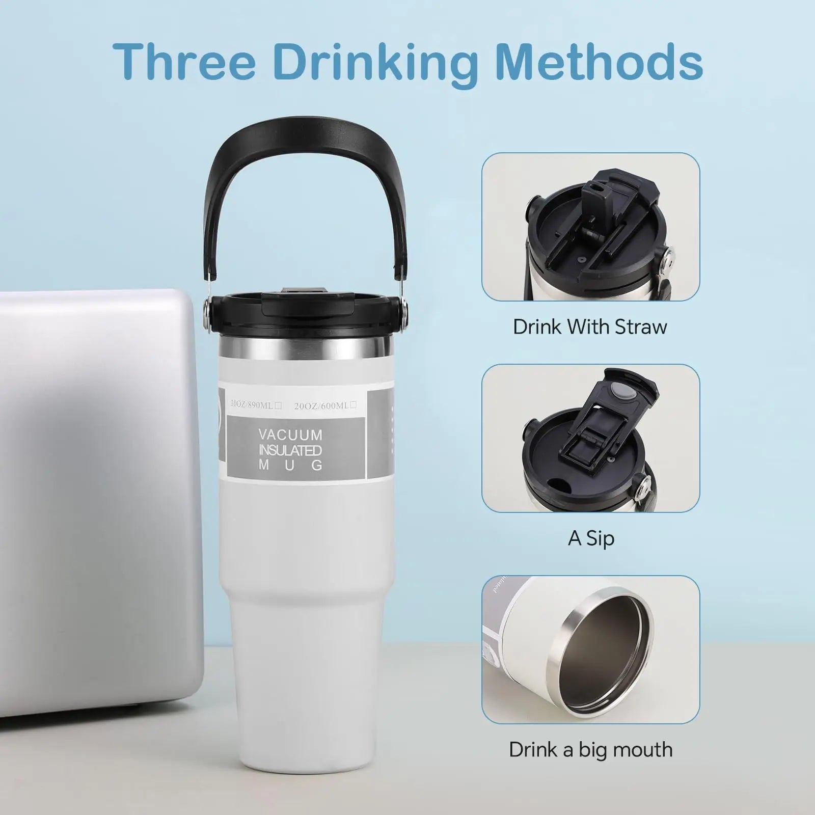 30oz Tumbler with Handle Lid Stainless Steel Insulated Vacuum Cup Leakproof Water Bottle Iced Car Coffee Mug for Travel Sport - Kaiju Mafia