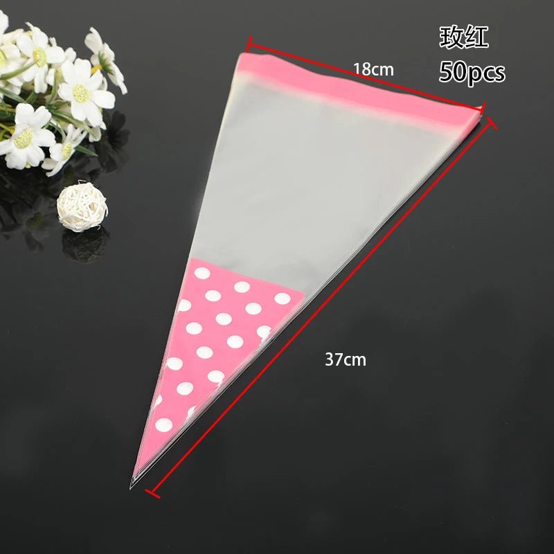 50pcs/Lot DIY Candy Bag Wedding Favors Halloween Christmas Party Decor Sweet Cellophane Print Cone Storage with Organza Pouches - Kaiju Mafia