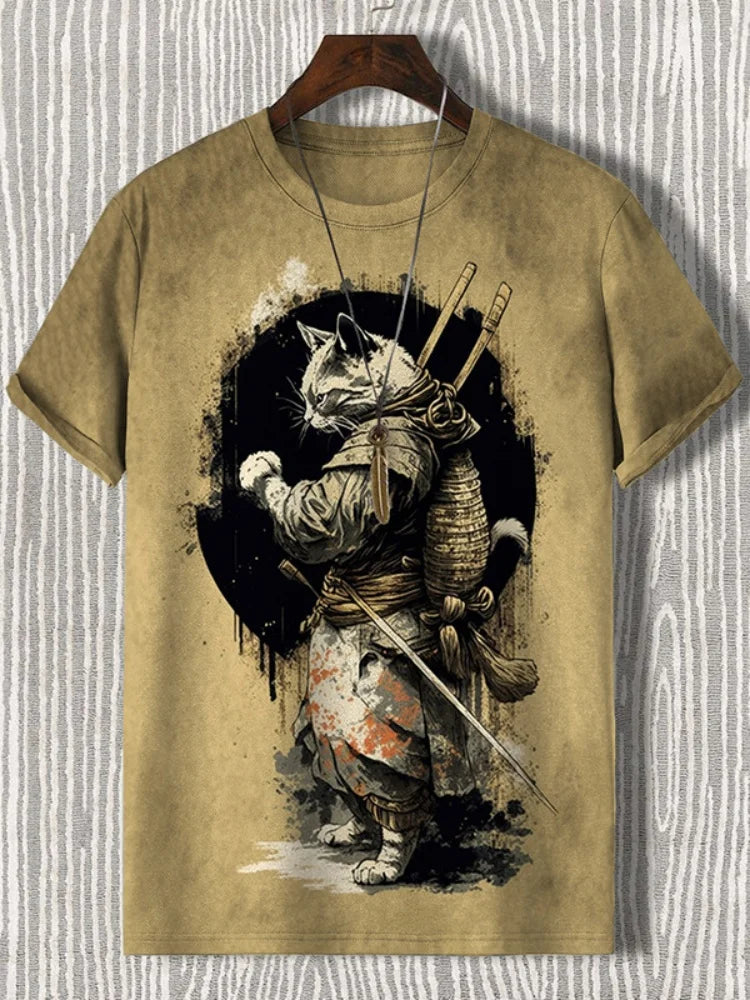 Japanese Samurai Cat 3D graphic tee for men, featuring a warrior cat design on a casual t-shirt.