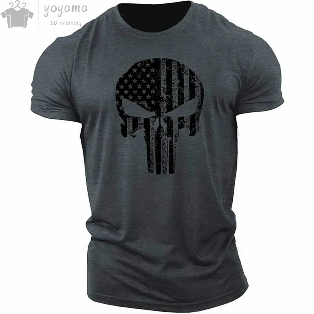 Patriotic Skull 3D Print Military Tee for Men - Short-Sleeve O-Neck Top - Kaiju Mafia