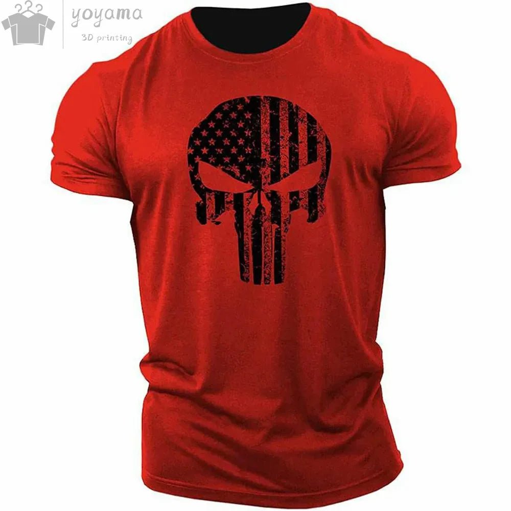 Patriotic Skull 3D Print Military Tee for Men - Short-Sleeve O-Neck Top - Kaiju Mafia