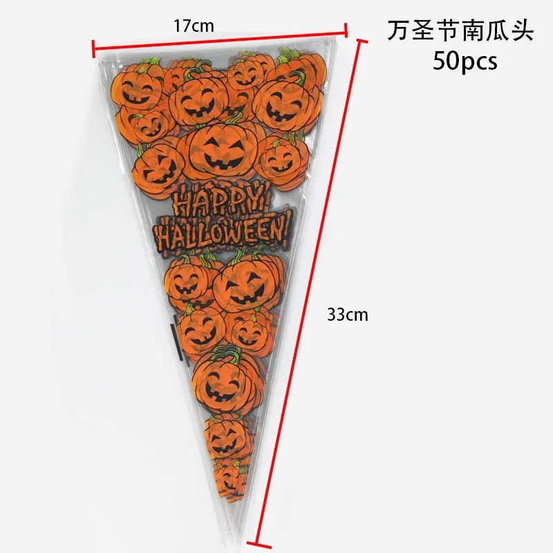 50pcs/Lot DIY Candy Bag Wedding Favors Halloween Christmas Party Decor Sweet Cellophane Print Cone Storage with Organza Pouches - Kaiju Mafia