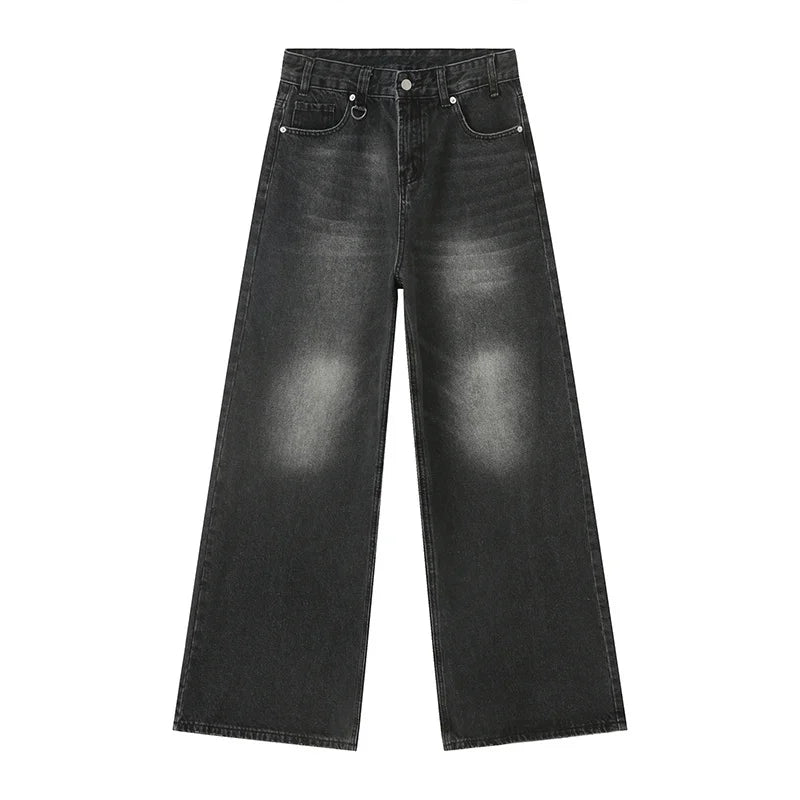 old blue washed denim pants in wide leg style with faded design