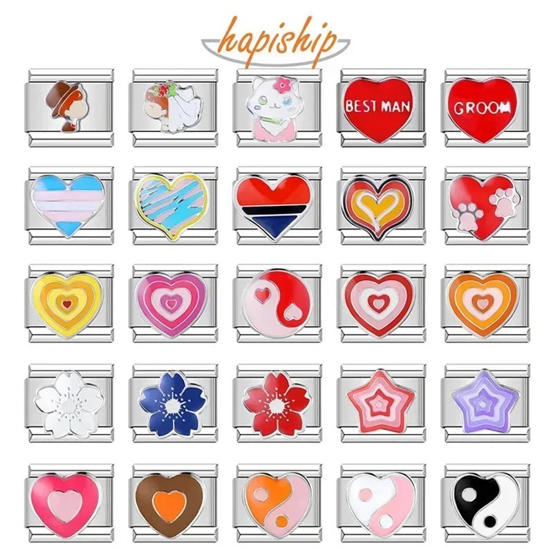 Hapiship Romantic Colour Heart Star Flwoer Tai Chi Italian Charm Links Fit 9mm Stainless Steel Bracelet Jewelry DIY Making DJ597 - Kaiju Mafia
