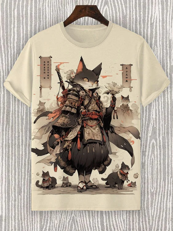 Japanese Samurai Cat 3D graphic tee, featuring a cat dressed in traditional samurai armor with smaller cats in the background.