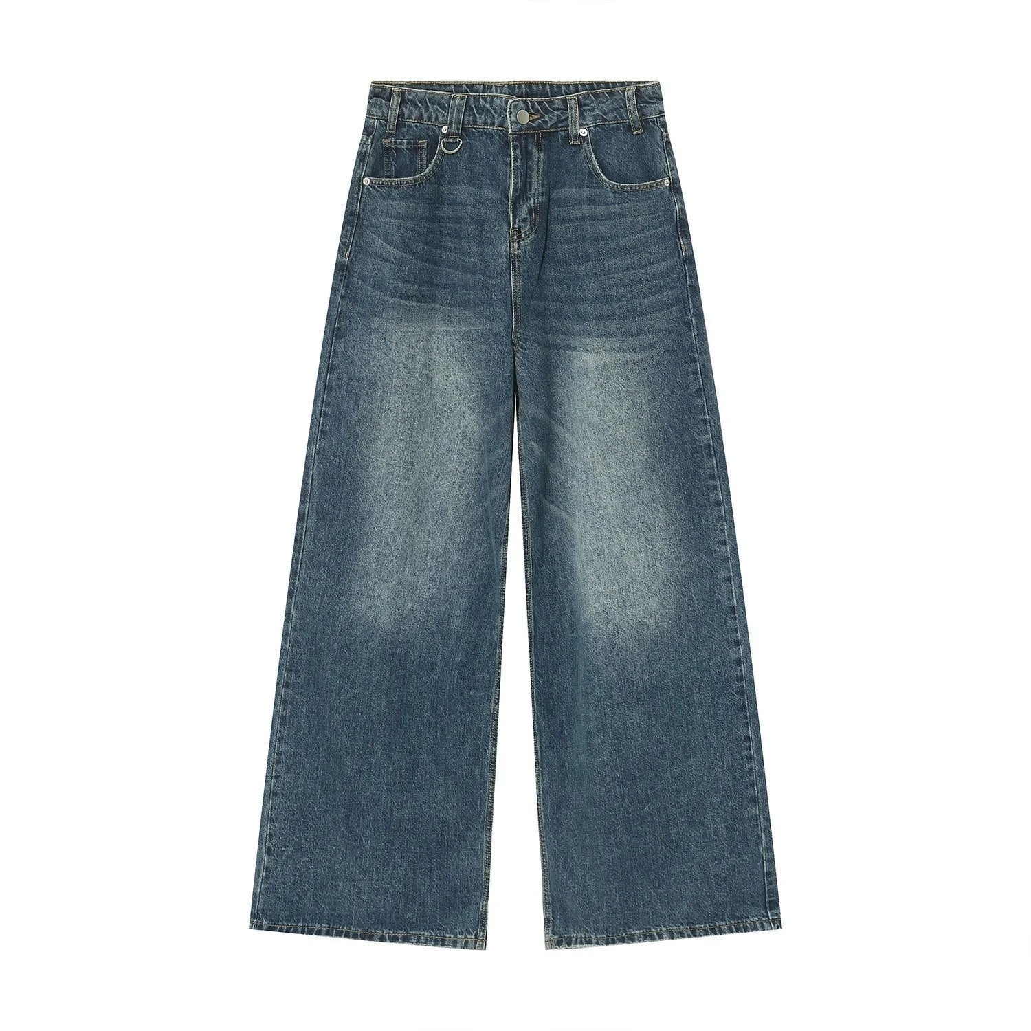 old blue washed denim pants displayed on a white background featuring a wide-leg style and vintage wash.