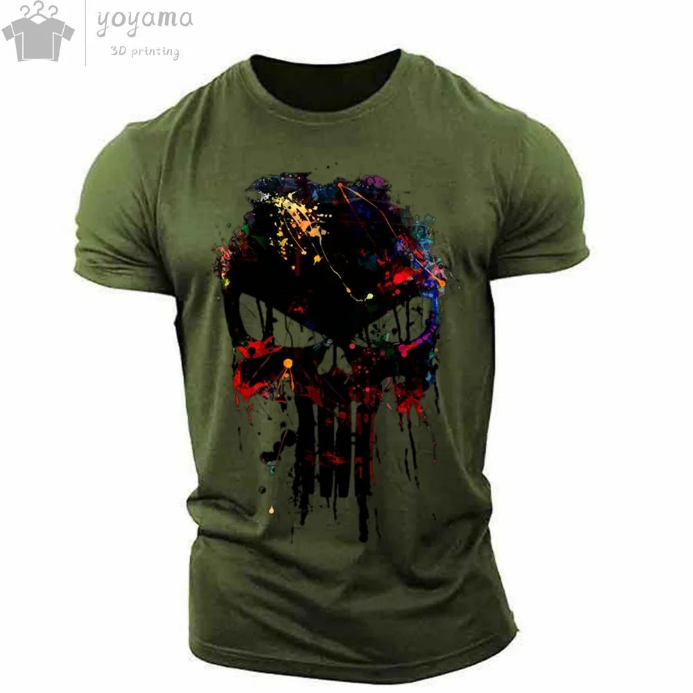 Patriotic Skull 3D Print Military Tee for Men - Short-Sleeve O-Neck Top - Kaiju Mafia