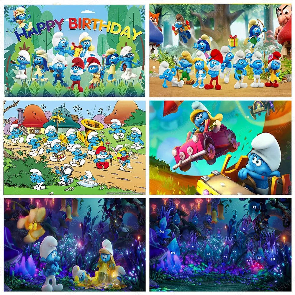 MINISO Forest Smurfs Backdrop Boys Kids Birthday Party Decoration Photography Background Studio Booth Prop Baby Shower Banner - Kaiju Mafia