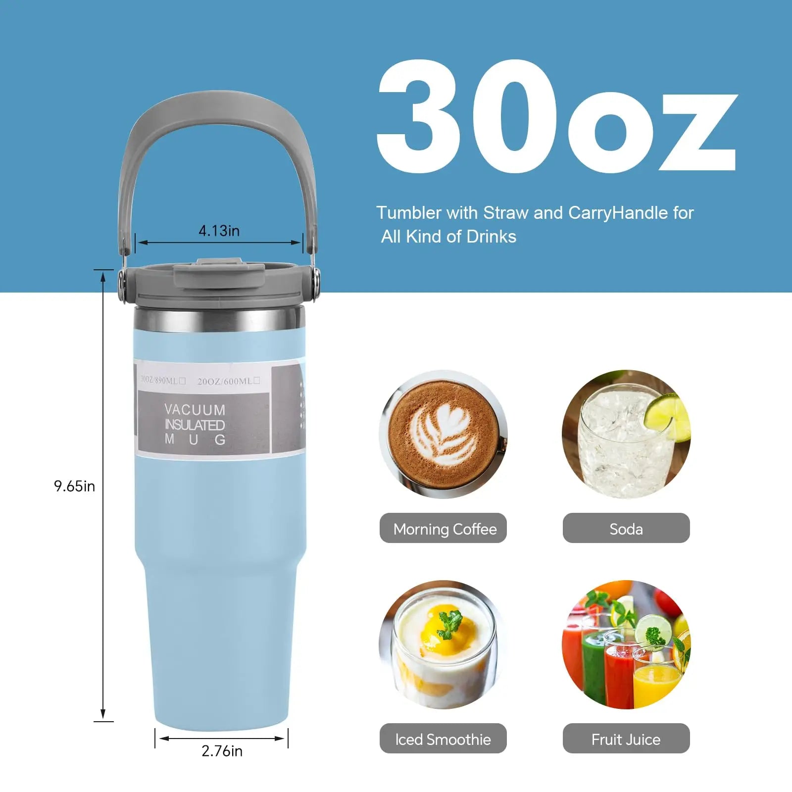 30oz Tumbler with Handle Lid Stainless Steel Insulated Vacuum Cup Leakproof Water Bottle Iced Car Coffee Mug for Travel Sport - Kaiju Mafia