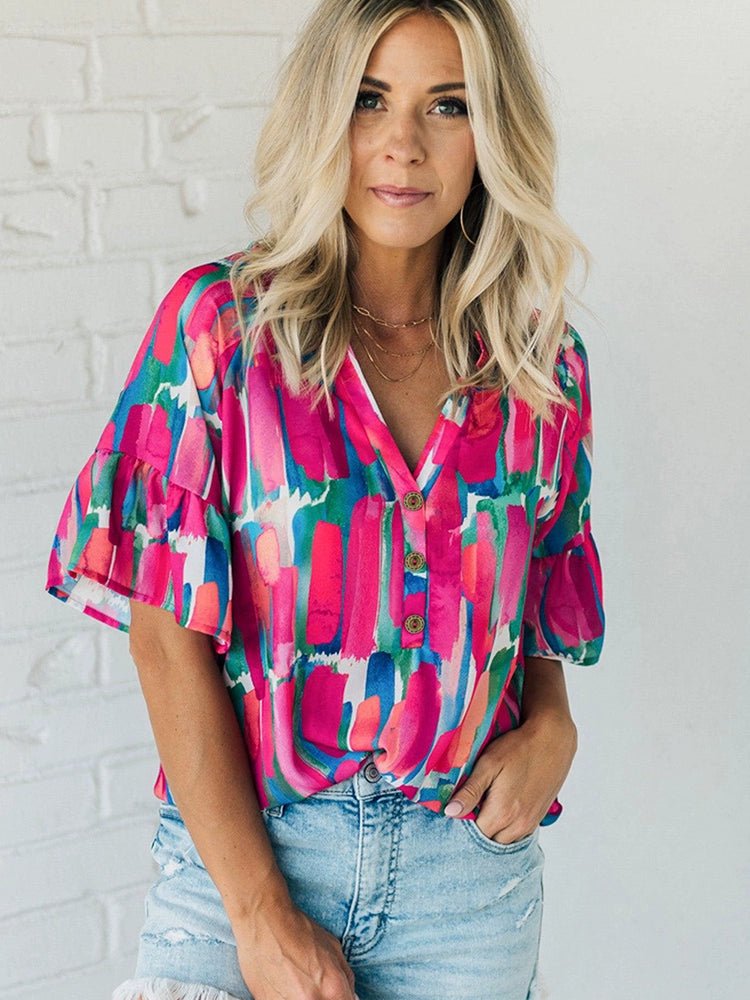 Fashion Abstract Stroke Print Short - Sleeved Chiffon Shirt Tops Women&