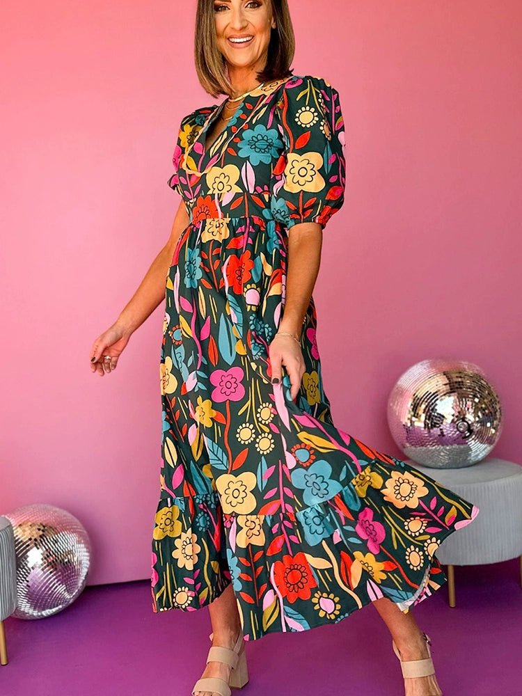 Fashion Short Sleeve Dress Summer Slimming Florals Print - Kaiju Mafia