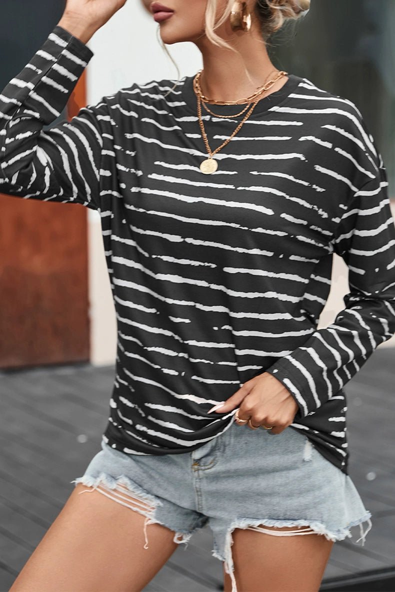 Stripes Thin Tops round Neck Pullover Long Sleeves T-shirt - Kaiju Mafia