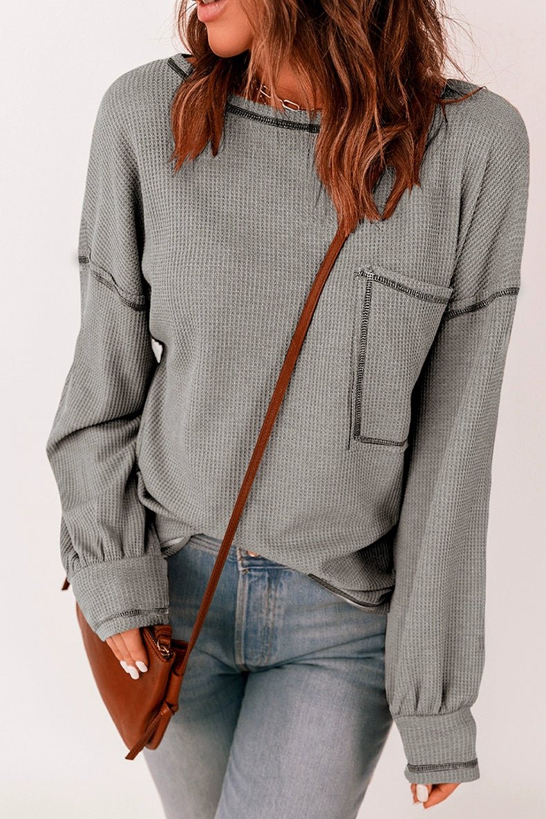 Spring New Arrival Pure Color Waffle Knitting T-shirt Female European and American Leisure Wind Pullover round Neck Long Sleeve Top Female - Kaiju Mafia