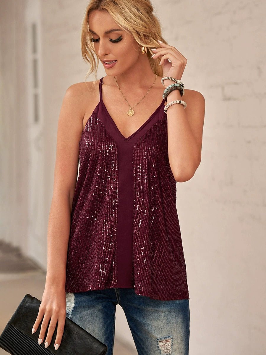 2024 Summer New Arrival Sequin Sling Vest Women Fashion Trendy Fashion All - Match Outwear V Neck Sleeveless Tops Women - Kaiju Mafia
