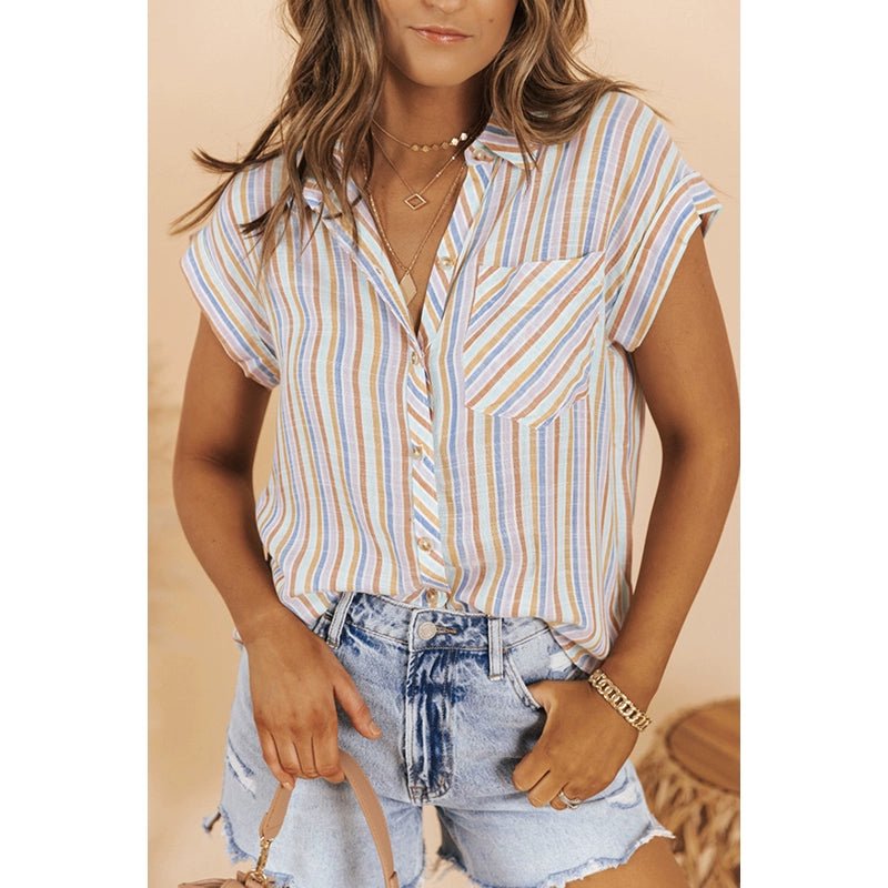 Fashion Stand Collar Stripes Short Sleeve Shirt for Women 2024 Summer New Arrival Stylish Easiest for Match Three - Quarter Sleeve Single - Breasted Shirt for Women - Kaiju Mafia