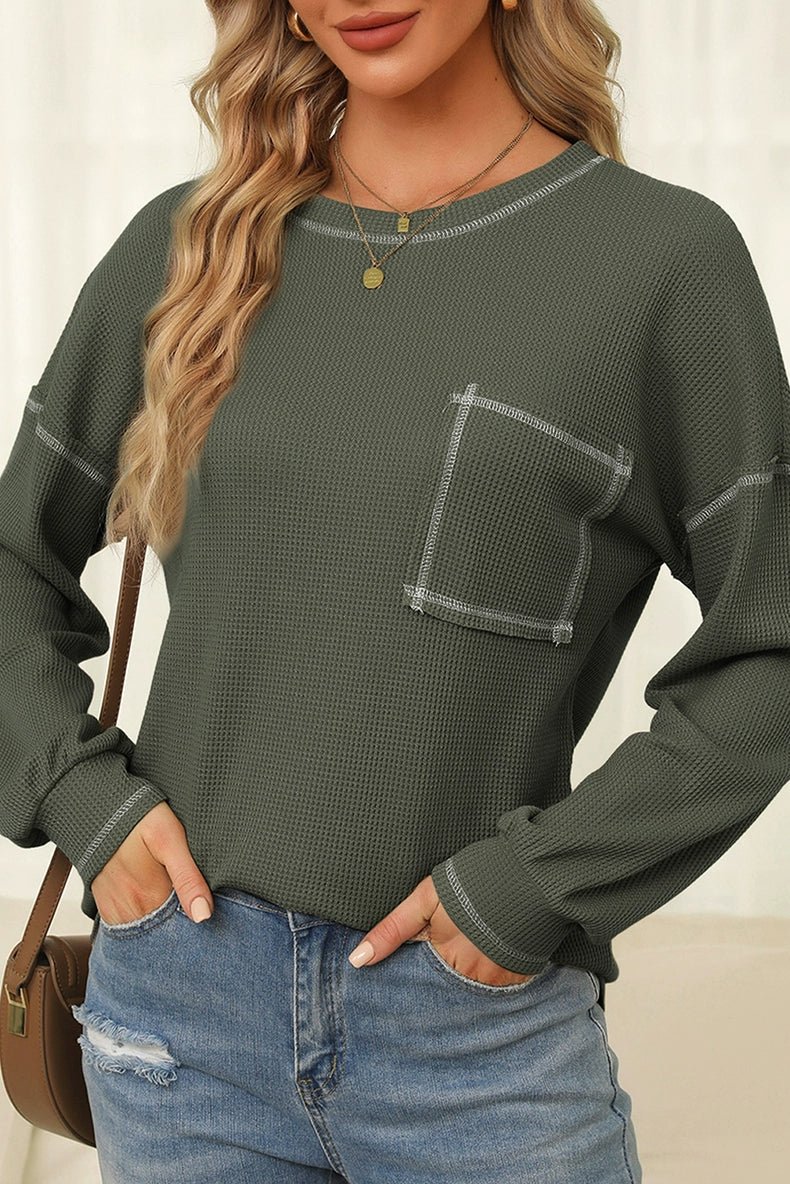 Spring New Arrival Pure Color Waffle Knitting T-shirt Female European and American Leisure Wind Pullover round Neck Long Sleeve Top Female - Kaiju Mafia