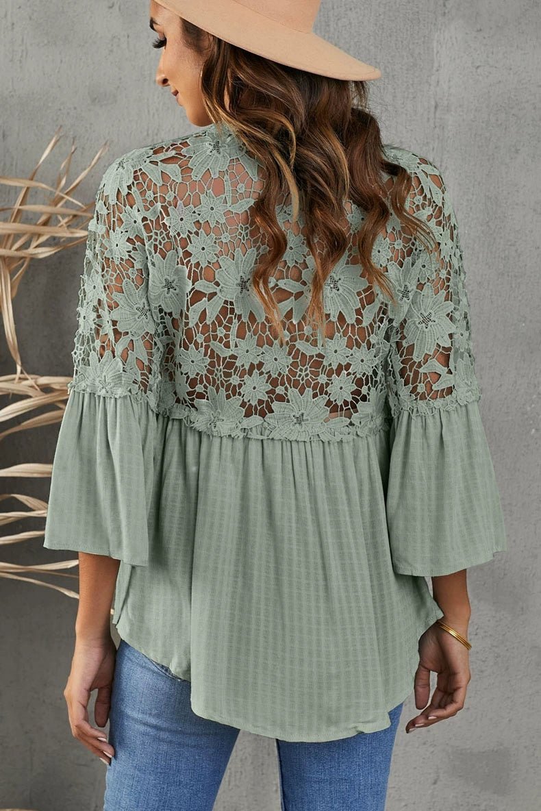 Fashion V Neck Chiffon Shirt Loose Long Sleeves Pullover Lace - Kaiju Mafia