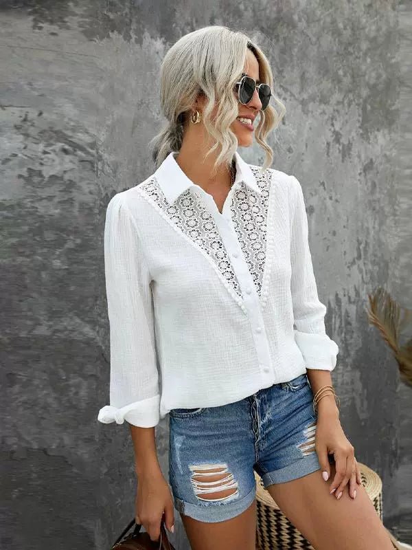 Fall Lace Cut Out Long Sleeves Thin Shirt Female 2024 New Arrival Easiest for Match Loose Lapel Single Breasted Shirt Coat - Kaiju Mafia