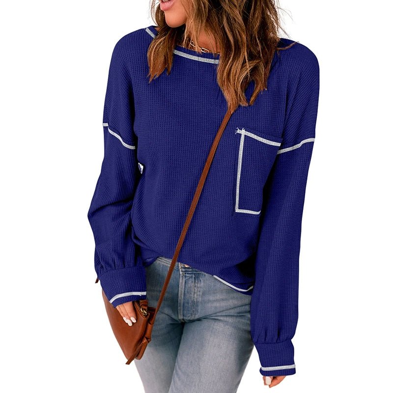 Spring New Arrival Pure Color Waffle Knitting T-shirt Female European and American Leisure Wind Pullover round Neck Long Sleeve Top Female - Kaiju Mafia