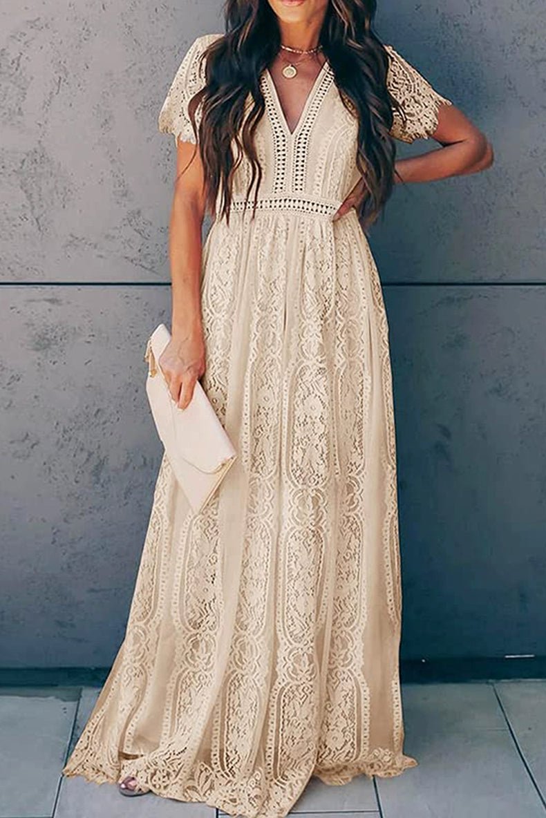 V Neck Fashion White Fairy Lace Dress Short Sleeve - Kaiju Mafia