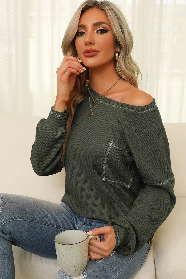 Spring New Arrival Pure Color Waffle Knitting T-shirt Female European and American Leisure Wind Pullover round Neck Long Sleeve Top Female - Kaiju Mafia