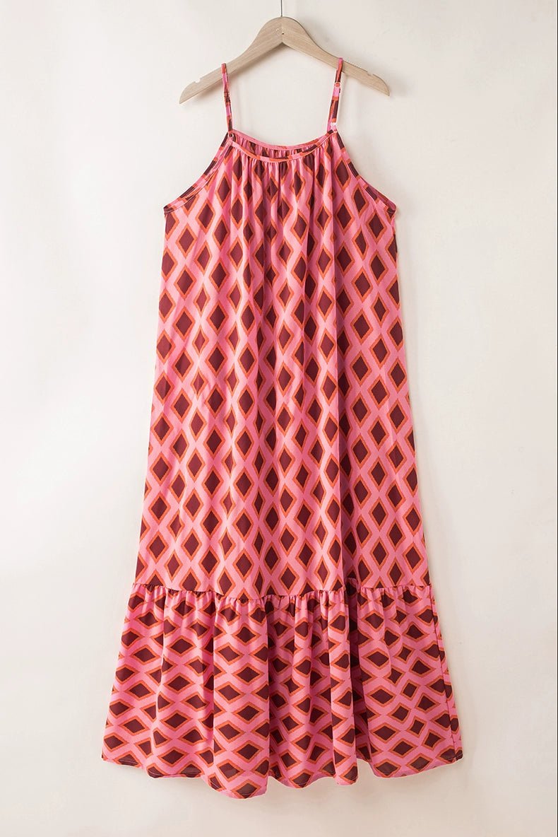 Fashion Geometric Print Sling Long Dress 2024 Summer New Arrival Loose Waist round Neck Sleeveless Thin Dress - Kaiju Mafia