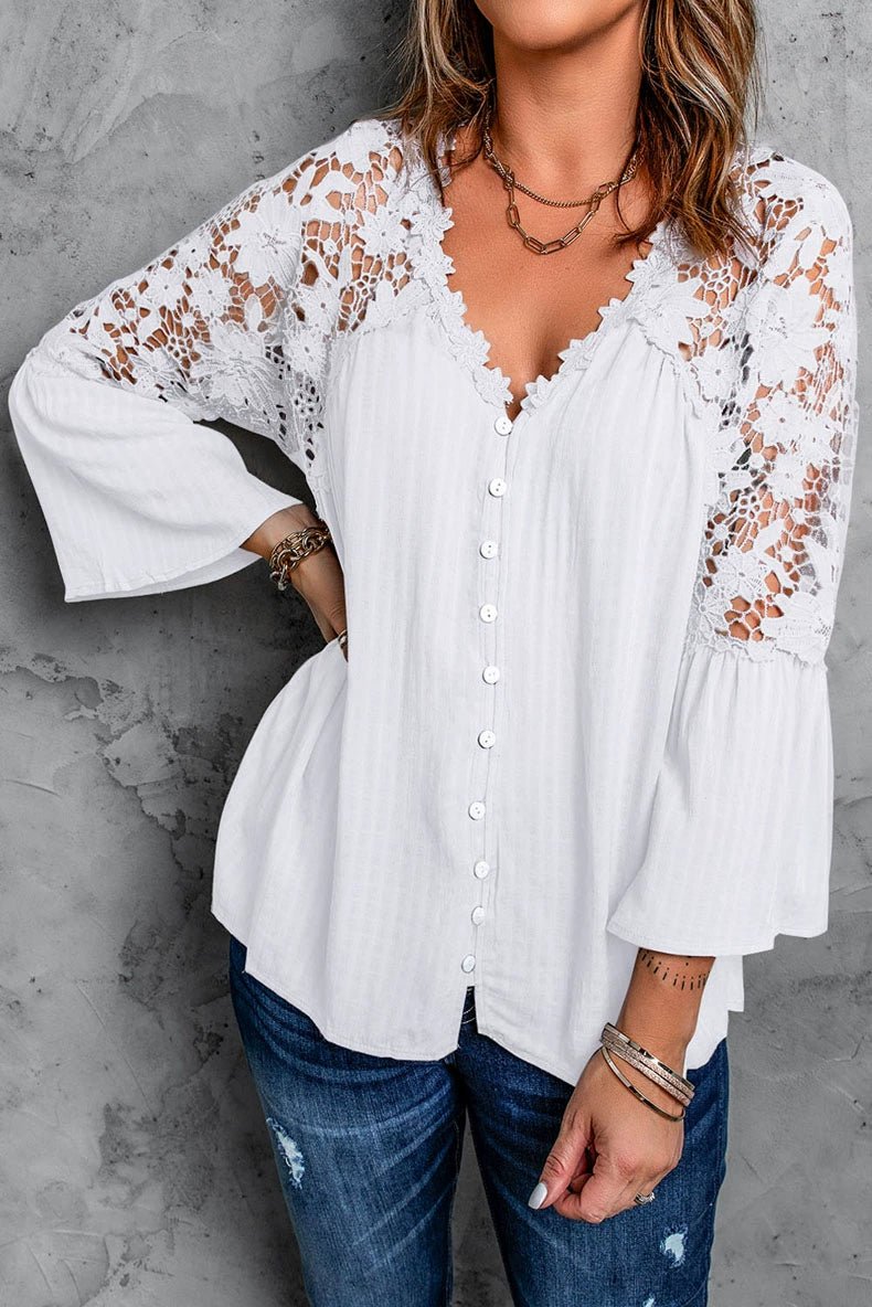 Fashion V Neck Chiffon Shirt Loose Long Sleeves Pullover Lace - Kaiju Mafia