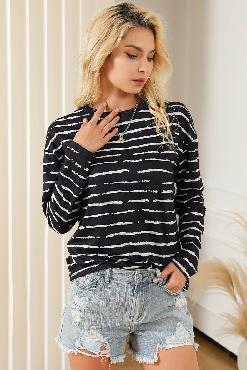 Stripes Thin Tops round Neck Pullover Long Sleeves T-shirt - Kaiju Mafia