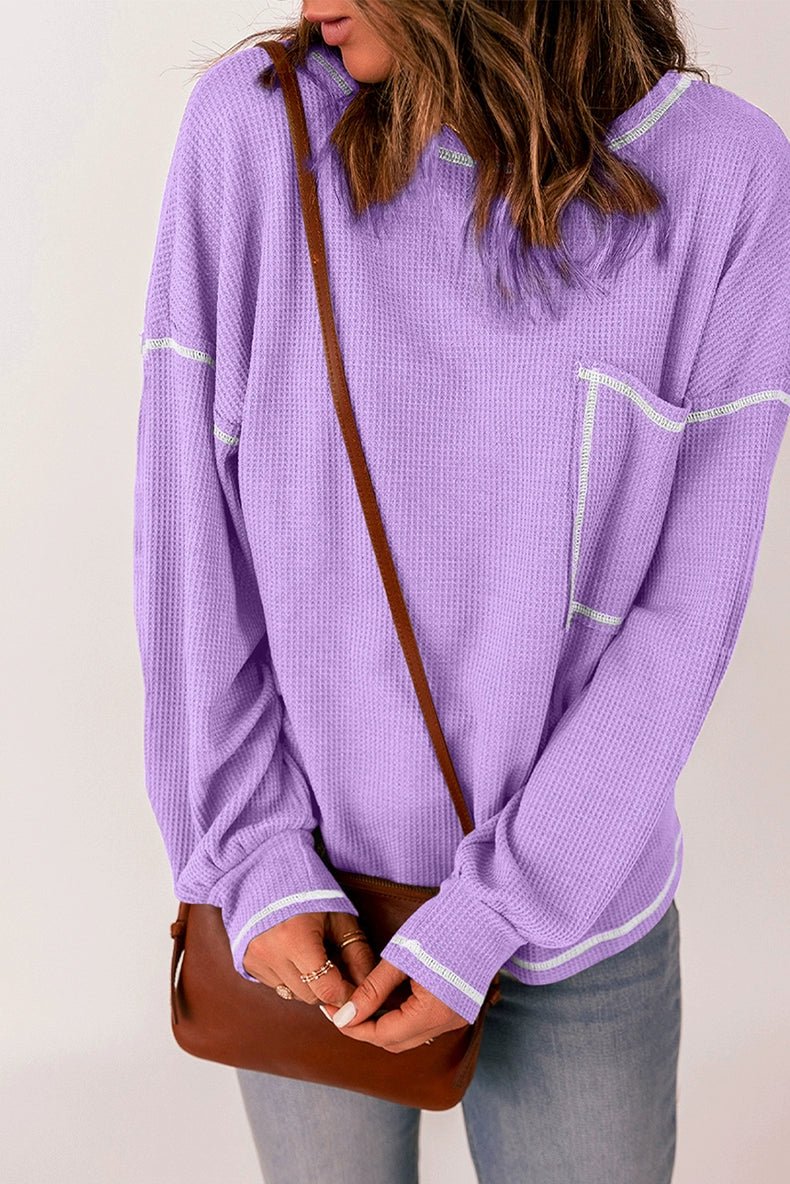 Spring New Arrival Pure Color Waffle Knitting T-shirt Female European and American Leisure Wind Pullover round Neck Long Sleeve Top Female - Kaiju Mafia