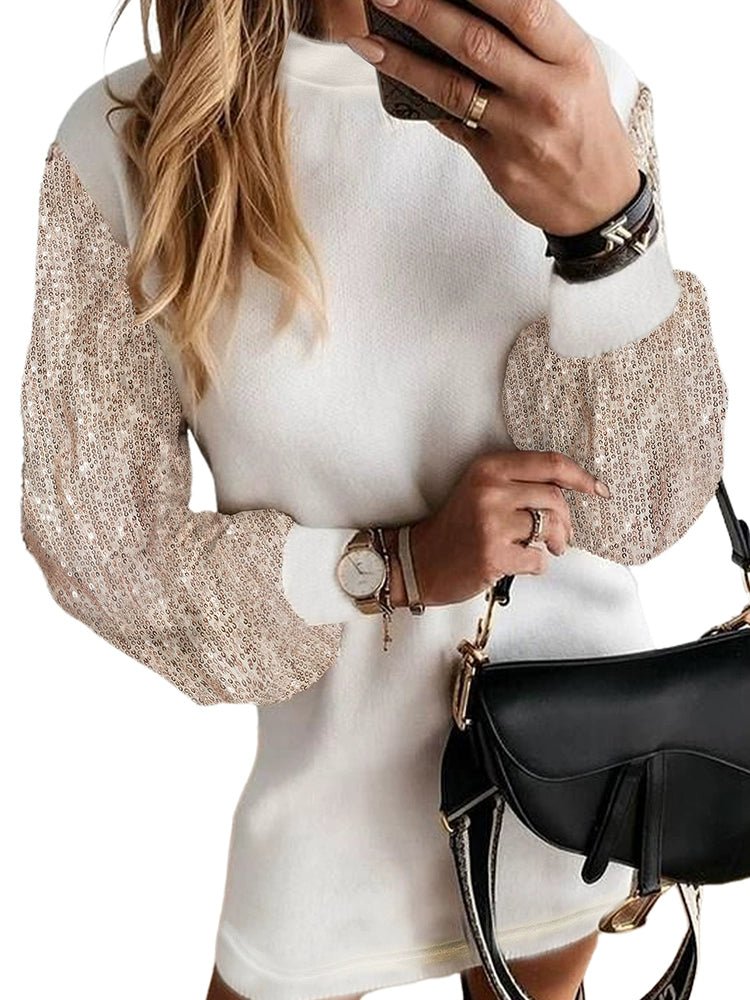 2024 Fall and Winter New Arrival Sleeve Sequin Patchwork Long Sleeves Dress Fashion Fashion Casual White Knee - Length Skirt Skirt - Kaiju Mafia