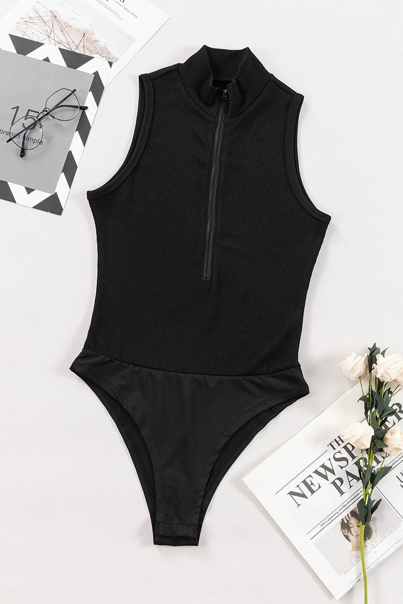 Fashion Pure Color Zipped Stand Collar Sleeveless Leotard Women&