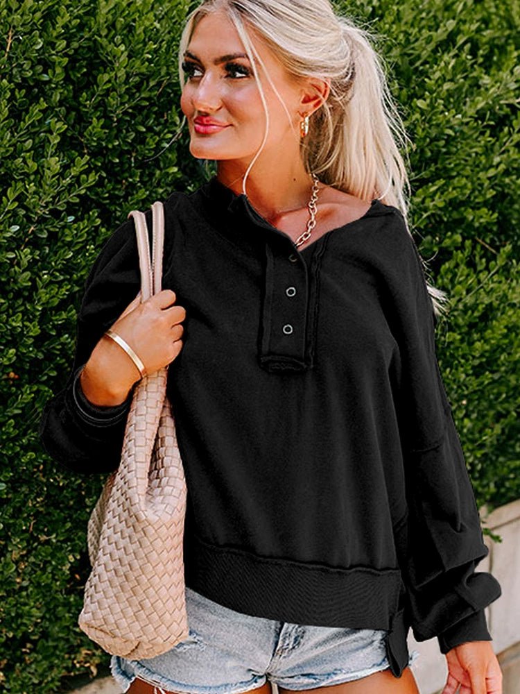 Fall New Arrival Pure Color Outer Stitching Button Sweatshirt Women 2024 European and American Leisure Easiest for Match Loose V Neck Pullover Women - Kaiju Mafia