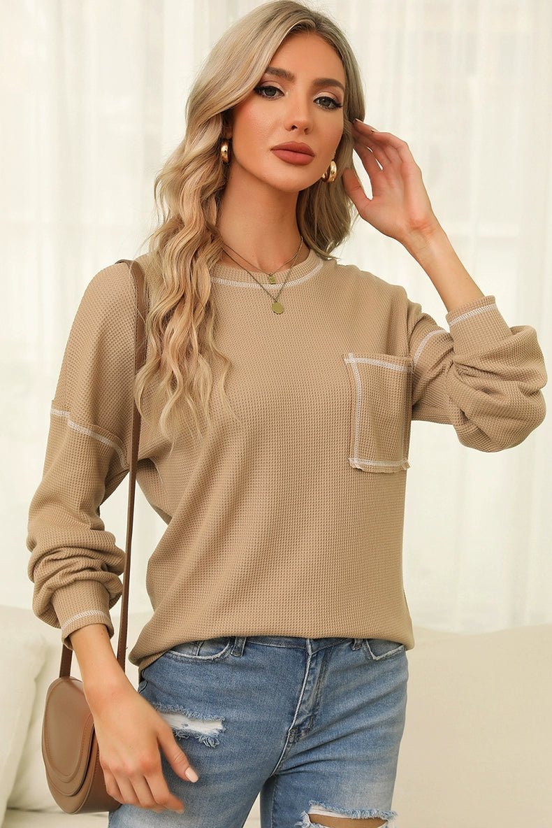 Spring New Arrival Pure Color Waffle Knitting T-shirt Female European and American Leisure Wind Pullover round Neck Long Sleeve Top Female - Kaiju Mafia