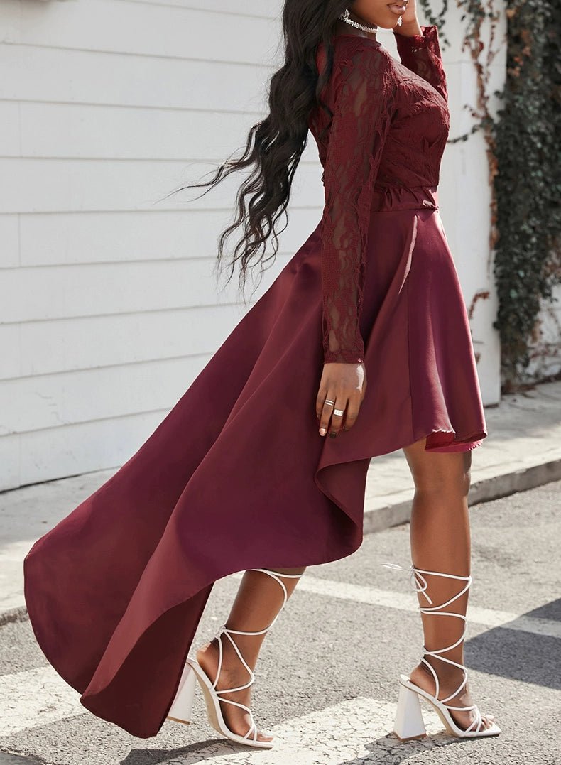 Dilamon Fall and Winter New round Neck Long Sleeves Lace Lace Dovetail Satin Prom Party Dress Dress Long Dress - Kaiju Mafia