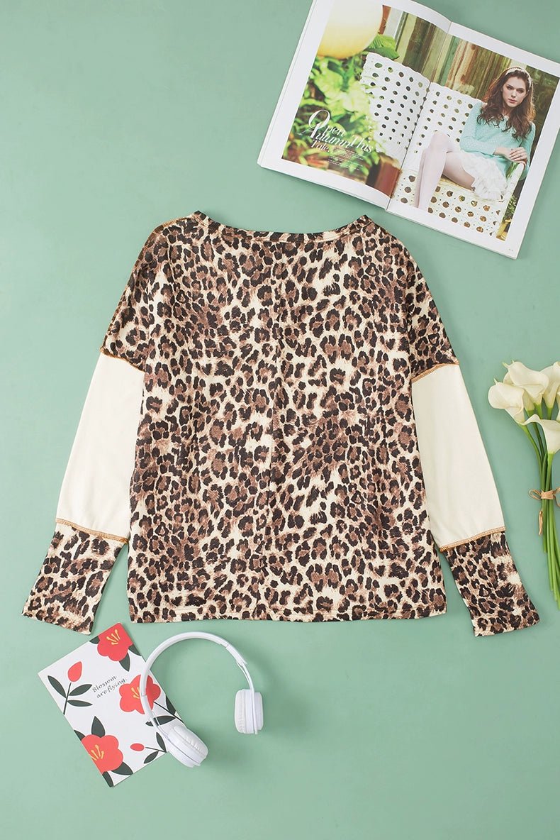 Fashion Leopard Print Stitching Long Sleeve T-shirt Women 2024 Spring & Fall New V - neck Pullover Women Casual Pullover Tops - Kaiju Mafia