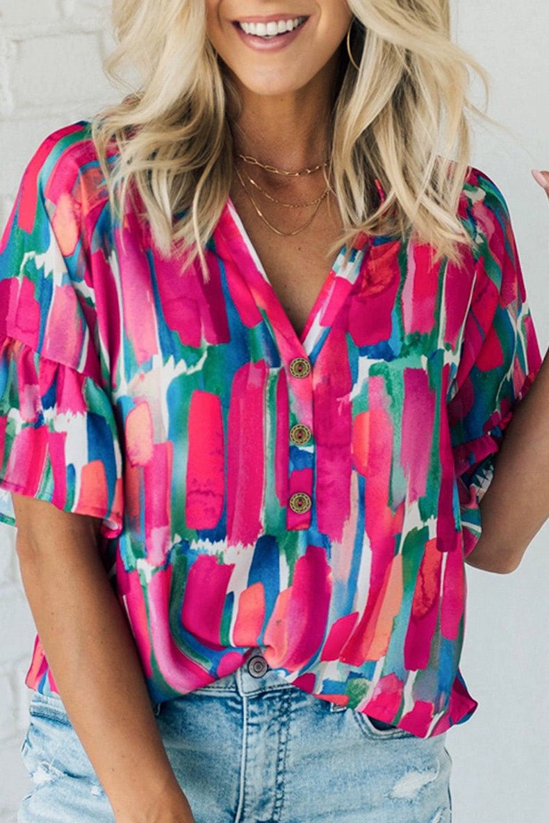 Fashion Abstract Stroke Print Short - Sleeved Chiffon Shirt Tops Women&
