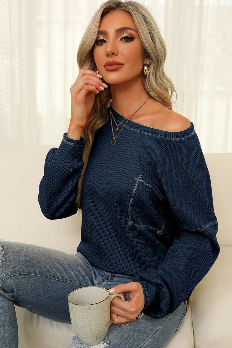 Spring New Arrival Pure Color Waffle Knitting T-shirt Female European and American Leisure Wind Pullover round Neck Long Sleeve Top Female - Kaiju Mafia