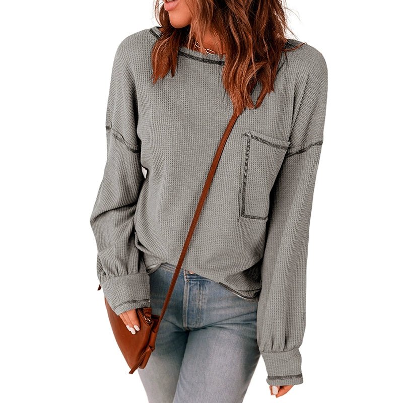 Spring New Arrival Pure Color Waffle Knitting T-shirt Female European and American Leisure Wind Pullover round Neck Long Sleeve Top Female - Kaiju Mafia