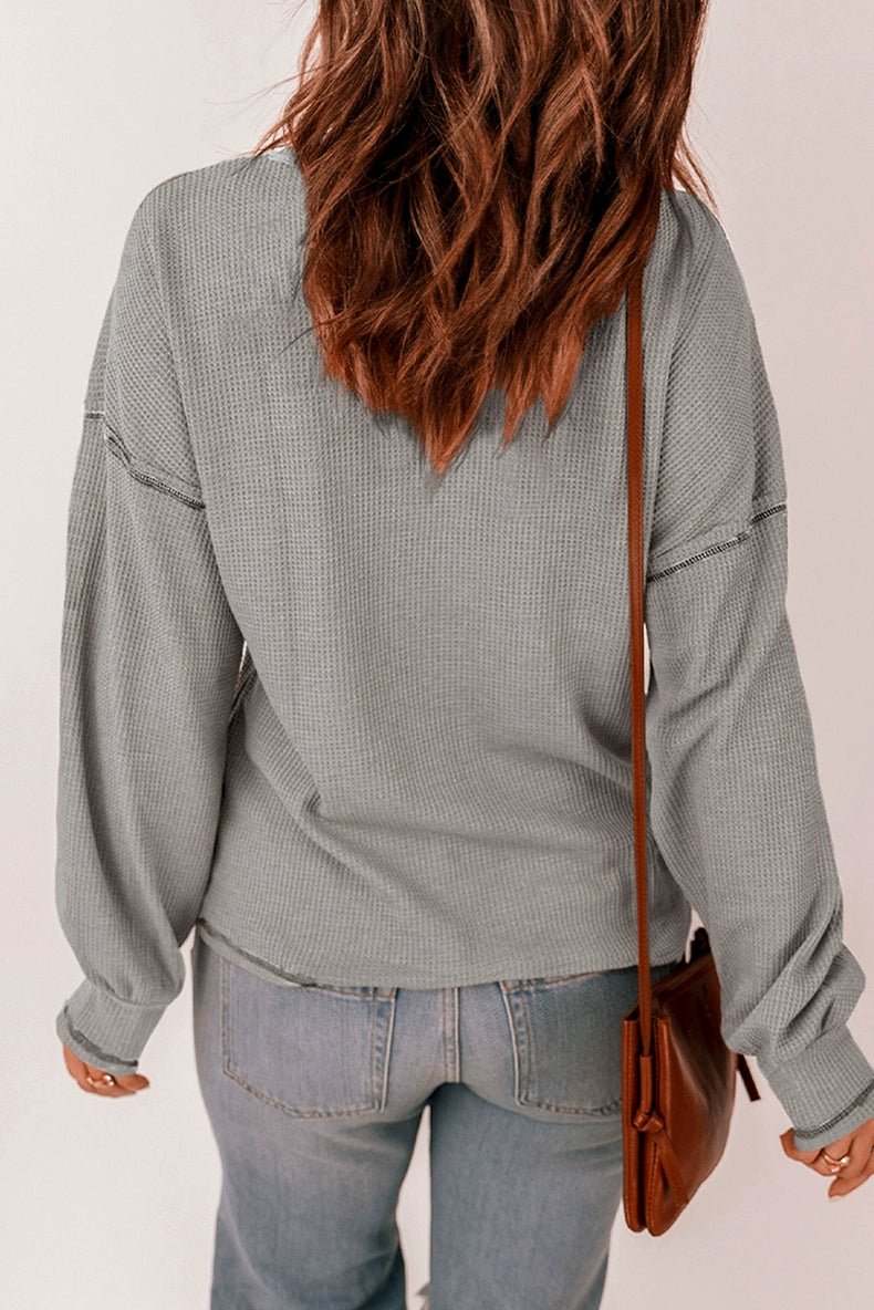 Spring New Arrival Pure Color Waffle Knitting T-shirt Female European and American Leisure Wind Pullover round Neck Long Sleeve Top Female - Kaiju Mafia